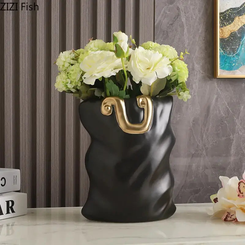 Black Gold Ceramic Bag-Shaped Vase Decor