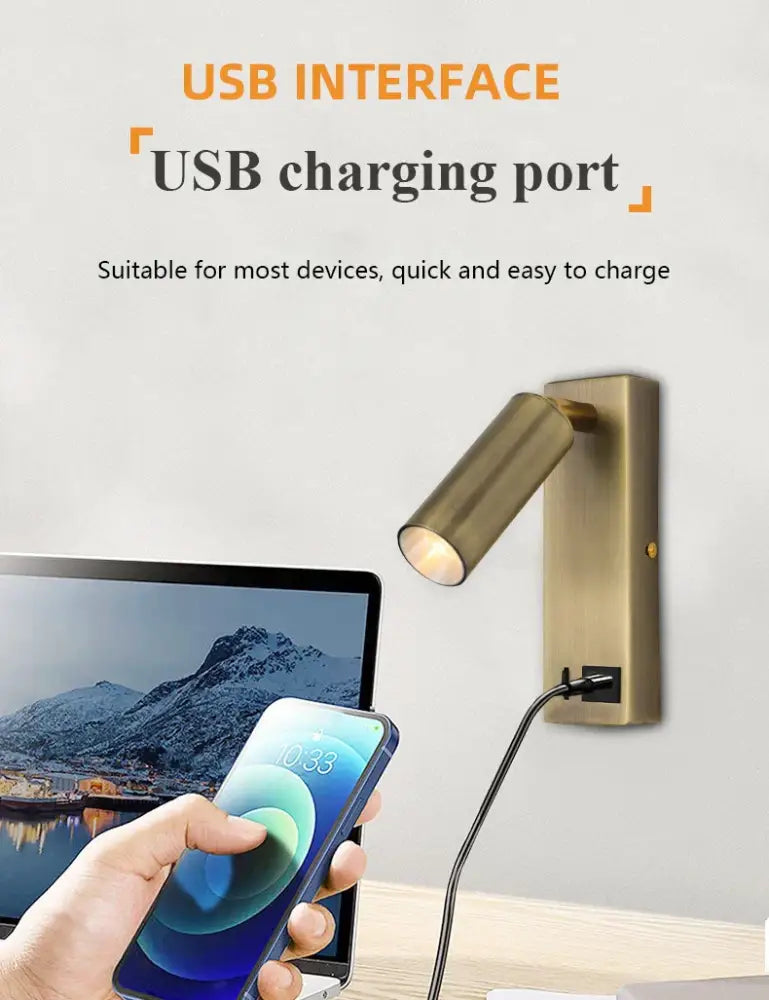 Black Brass LED Wall Lamp with USB Port