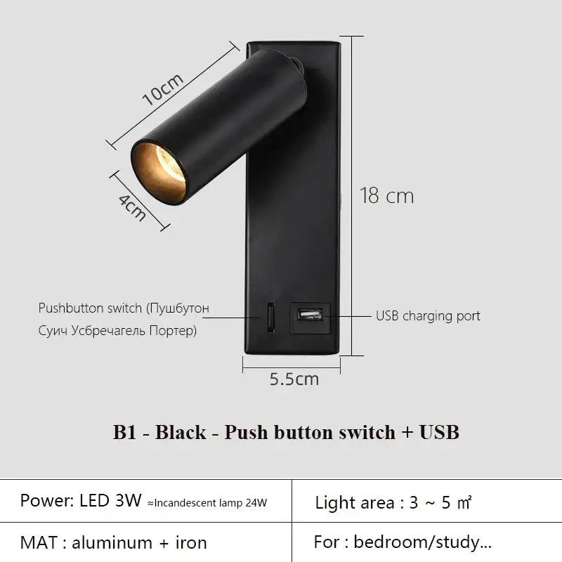 Black Brass LED Wall Lamp with USB Port