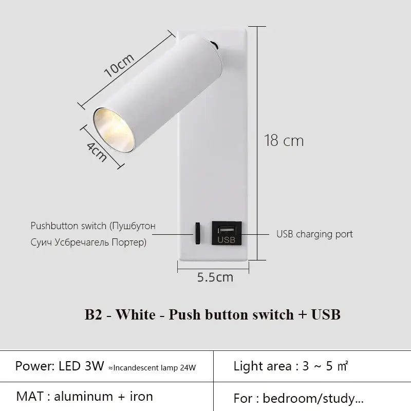 Black Brass LED Wall Lamp with USB Port