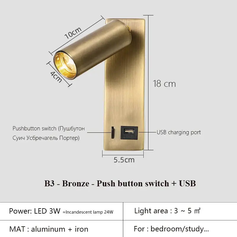 Black Brass LED Wall Lamp with USB Port