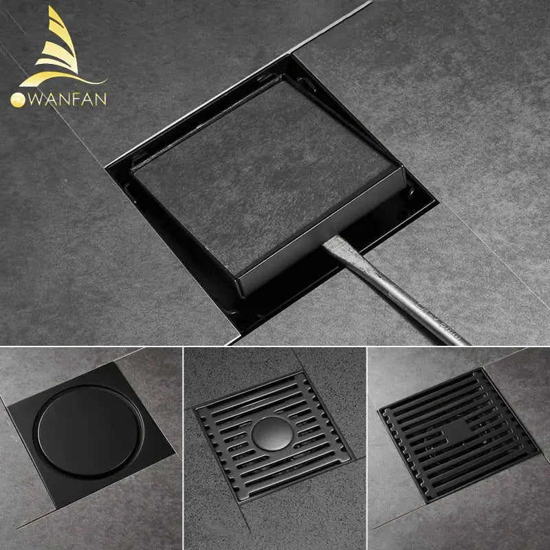 Black Brass Square Shower Drain with Deodorizer