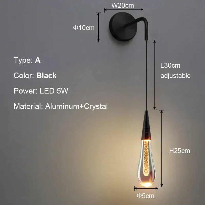 Black Crystal Teardrop Bedroom Wall Sconce