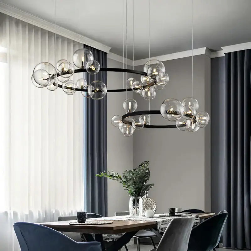 Black Glass Ring Chandelier with Bubble Accents