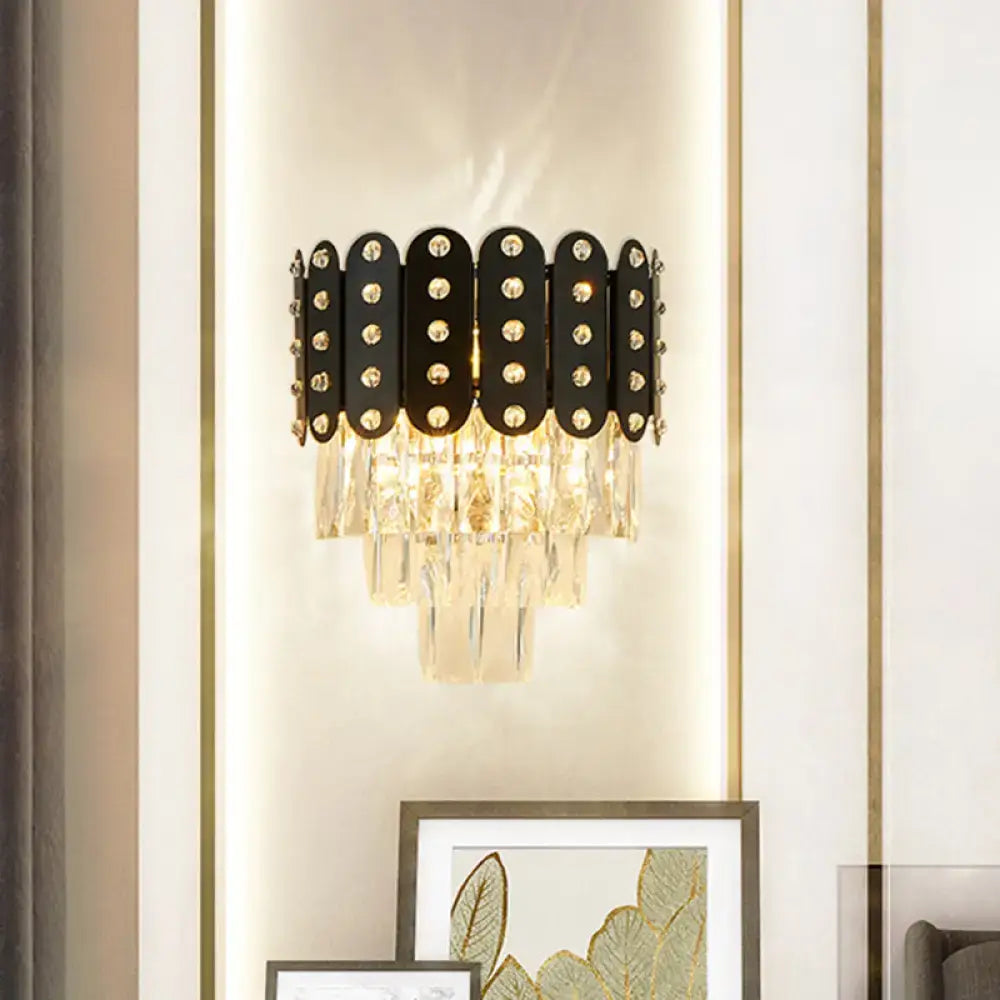 Black Crystal Three-Tier Faceted Wall Light