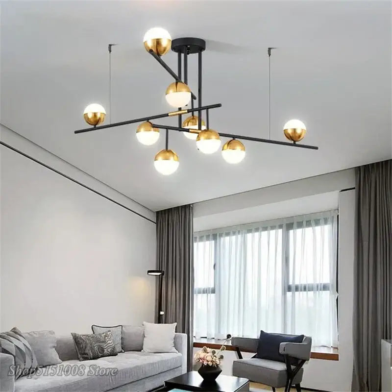 Gold Glass 9-Head Dining Room Pendant Lamp
