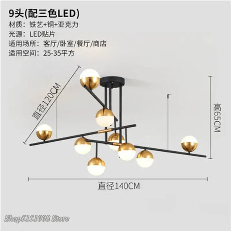 Gold Glass 9-Head Dining Room Pendant Lamp