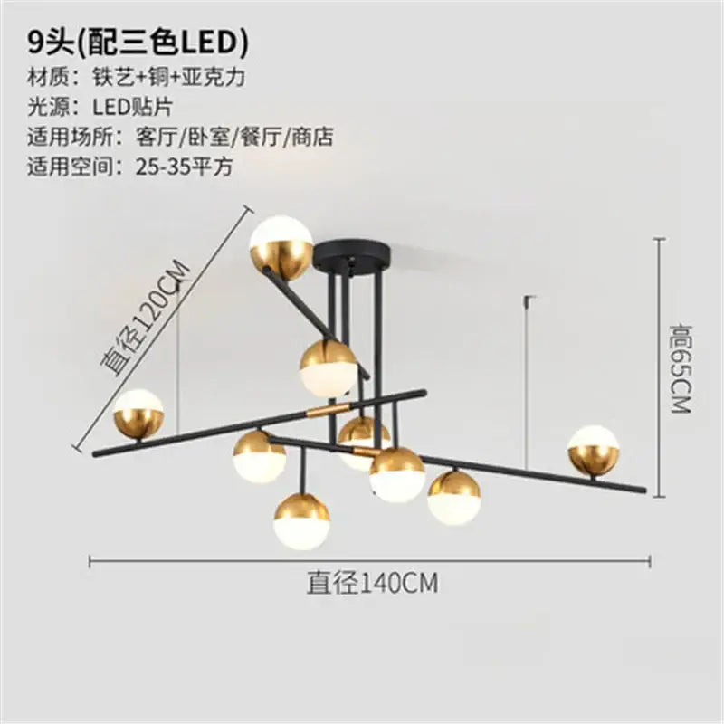 Gold Glass 9-Head Dining Room Pendant Lamp