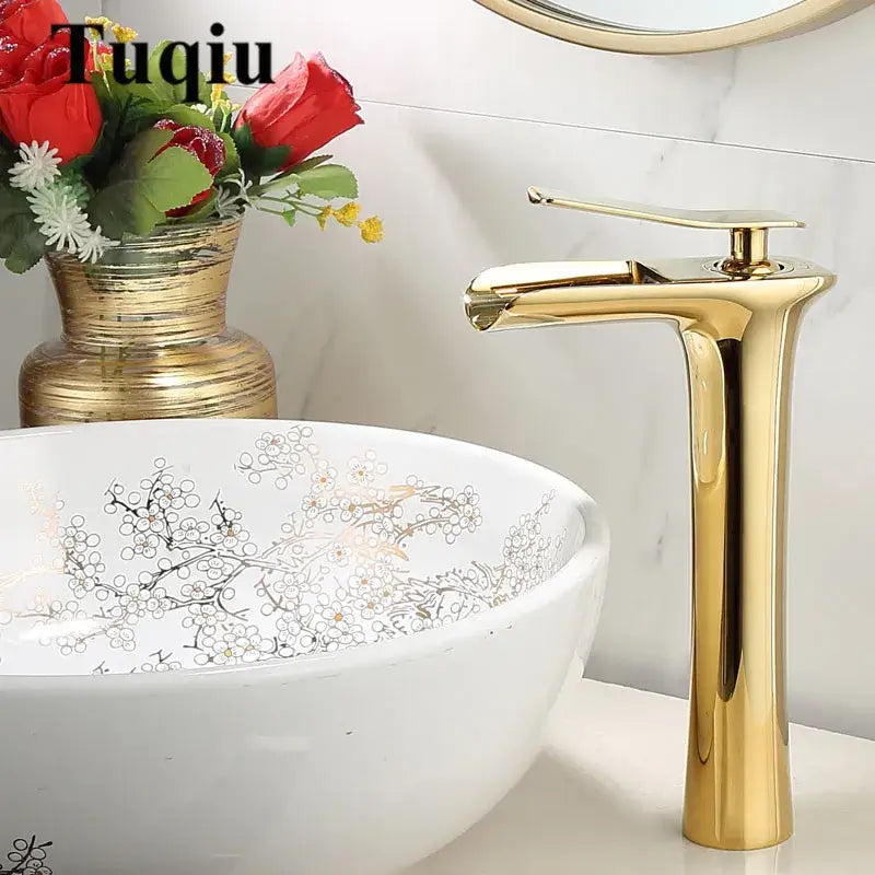 Gold Waterfall Basin Faucet Deck-Mounted Tall
