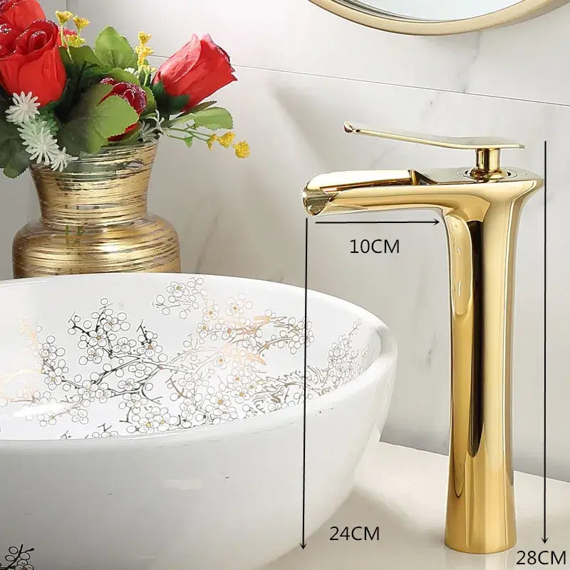 Gold Waterfall Basin Faucet Deck-Mounted Tall