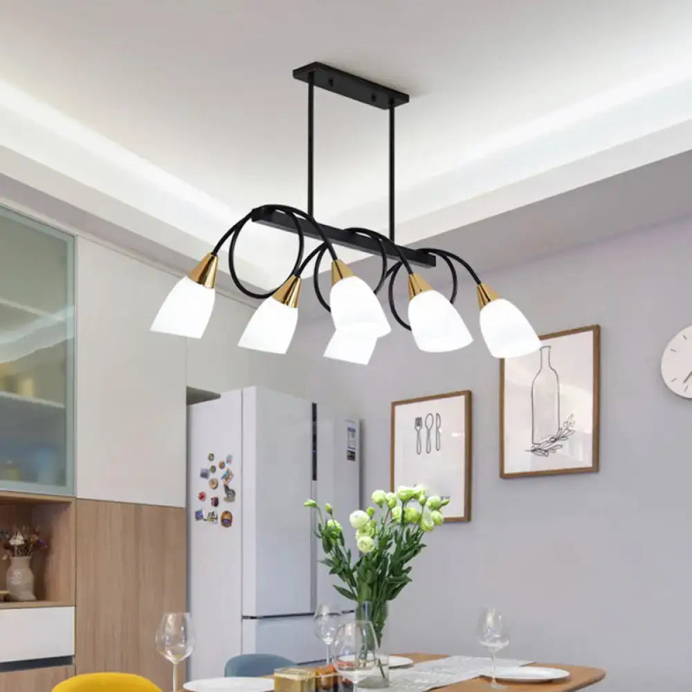 Black Gold White Glass Eight-Light Chandelier