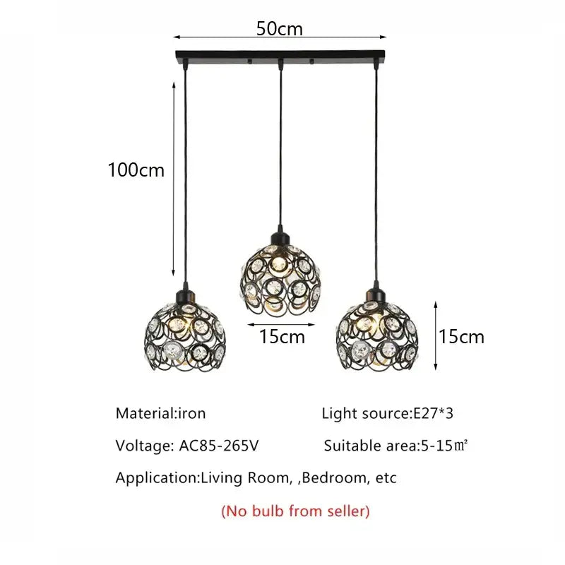 Black Crystal Pendant Lamp with Black Iron Frame