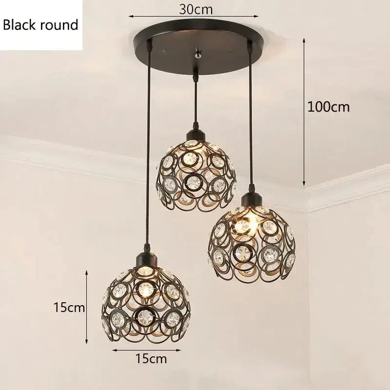 Black Crystal Pendant Lamp with Black Iron Frame