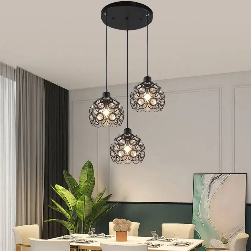 Black Crystal Pendant Lamp with Black Iron Frame