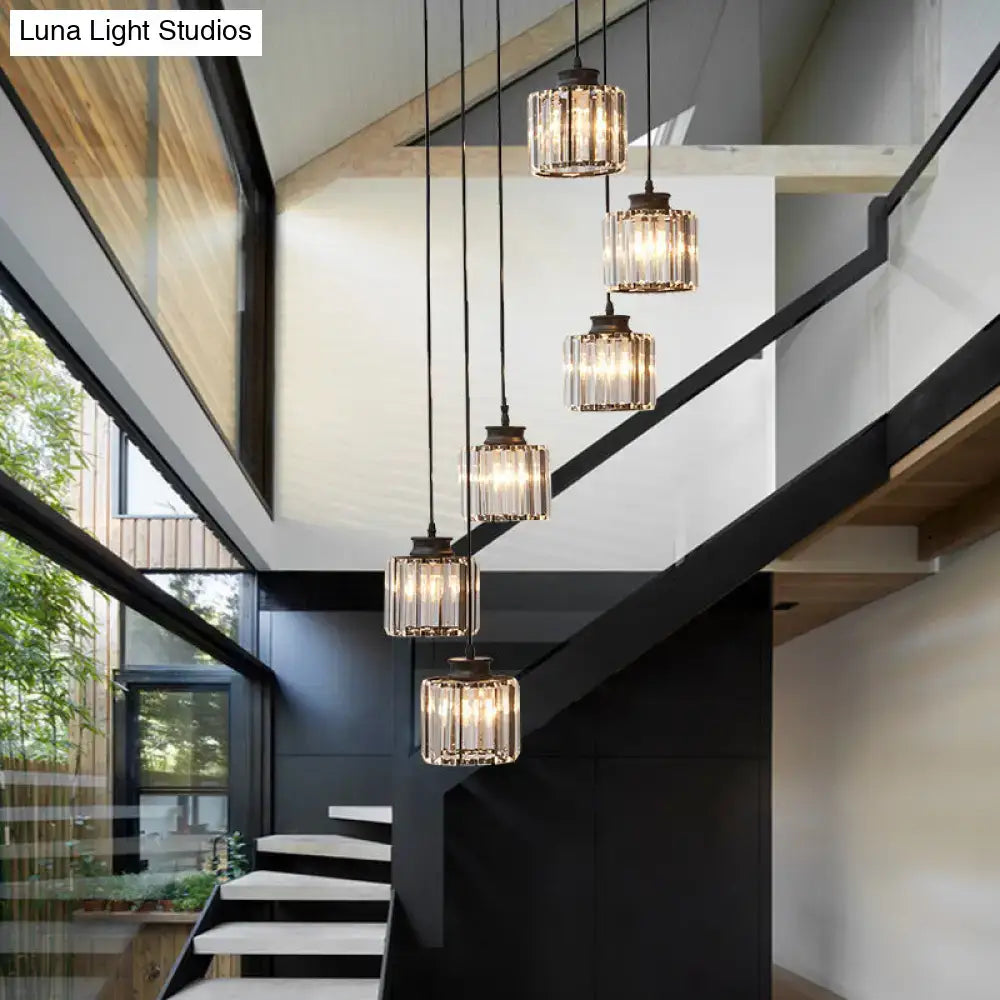 Black Crystal Cylindrical Stairway Pendant Light