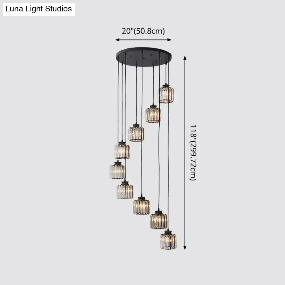 Black Crystal Cylindrical Stairway Pendant Light