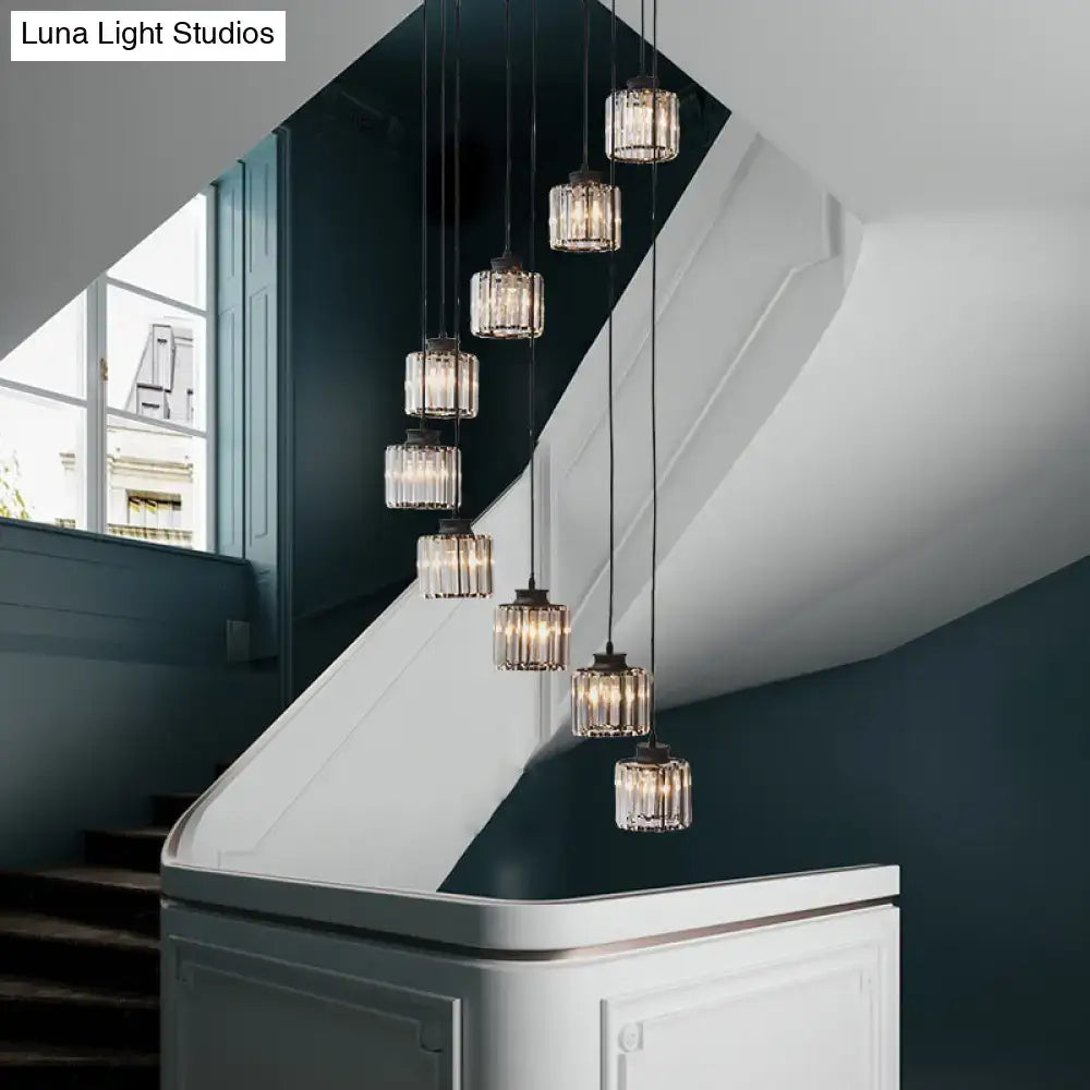 Black Crystal Cylindrical Stairway Pendant Light
