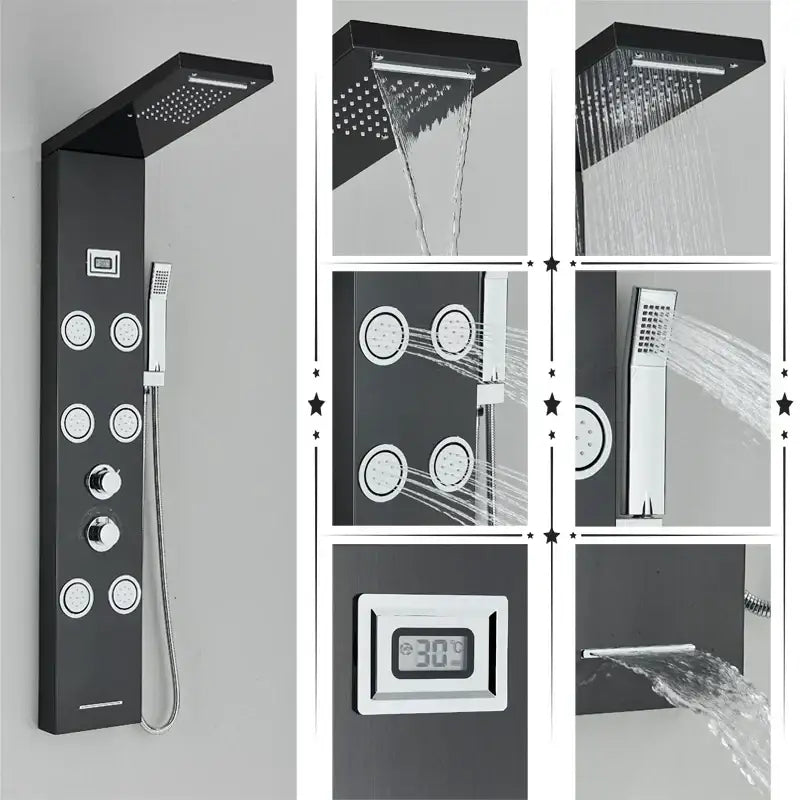 Black Massage Shower Panel Temperature Screen