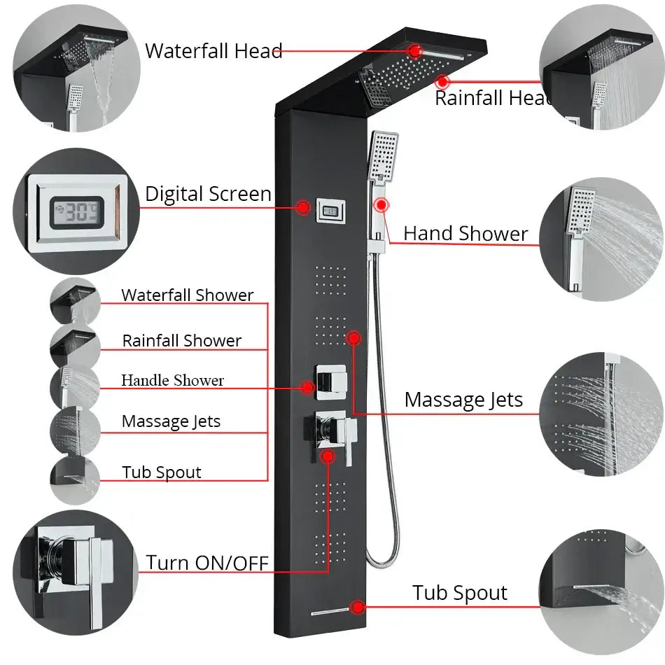 Black Massage Shower Panel Temperature Screen