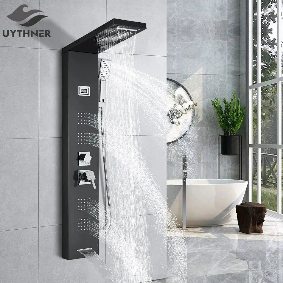 Black Massage Shower Panel Temperature Screen
