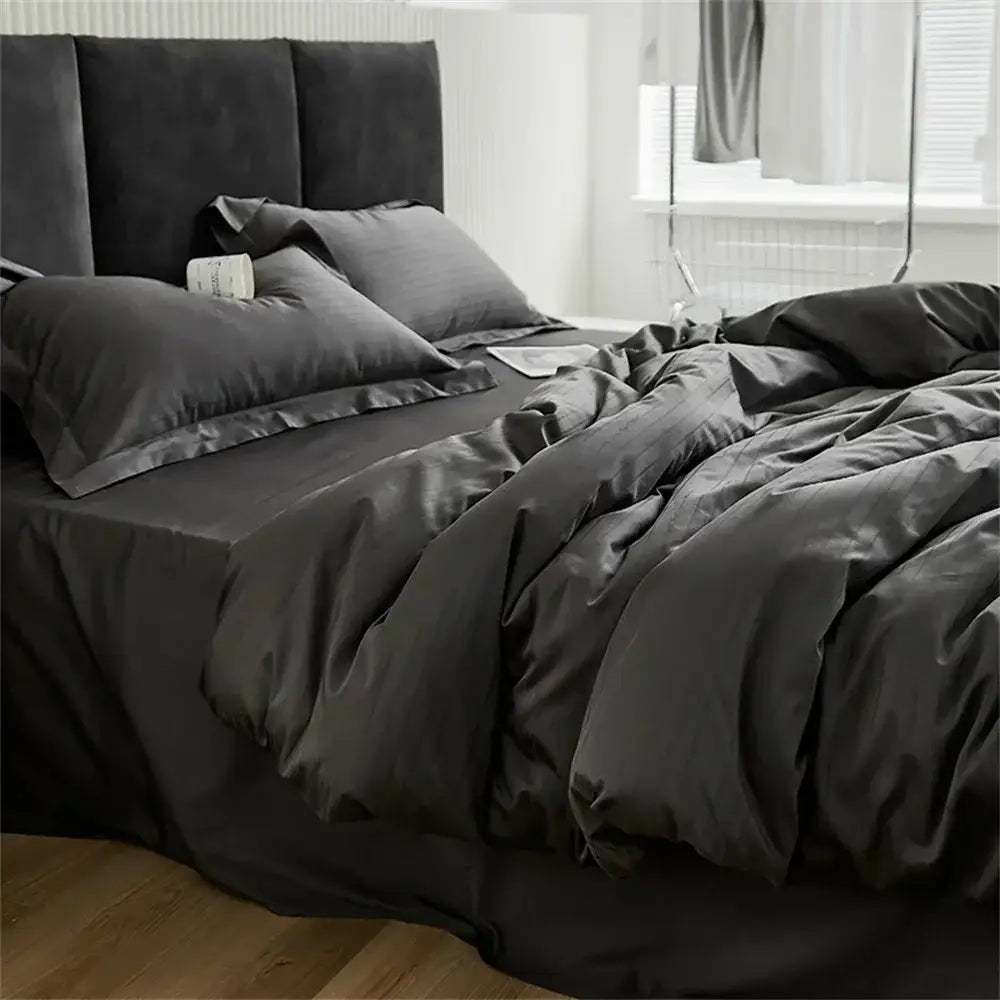 Black Satin Jacquard Duvet Cover Set with Bed Skirt