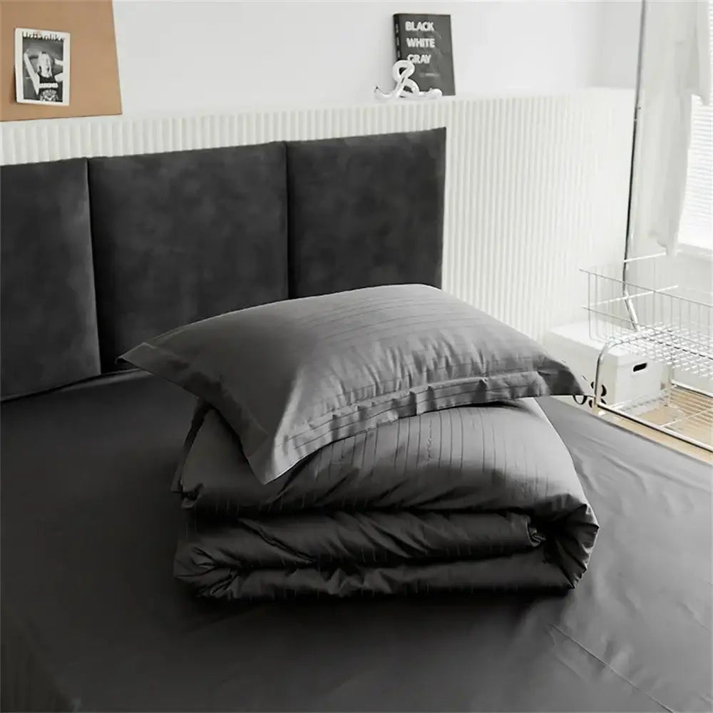 Black Satin Jacquard Duvet Cover Set with Bed Skirt