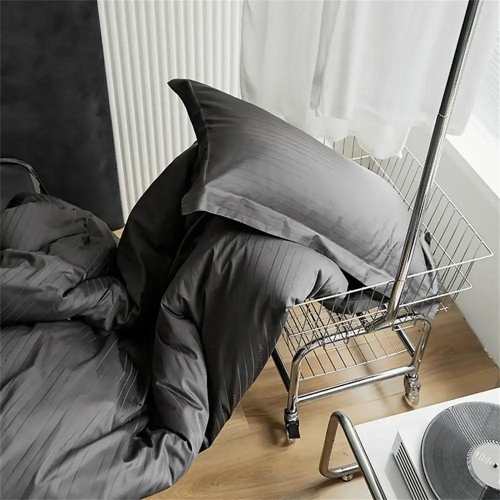 Black Satin Jacquard Duvet Cover Set with Bed Skirt
