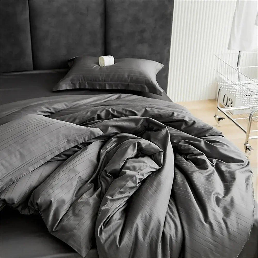 Black Satin Jacquard Duvet Cover Set with Bed Skirt
