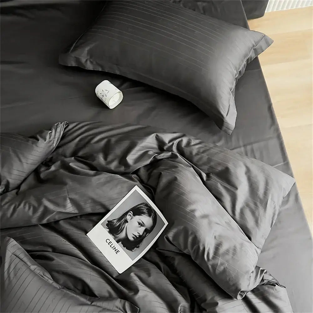 Black Satin Jacquard Duvet Cover Set with Bed Skirt
