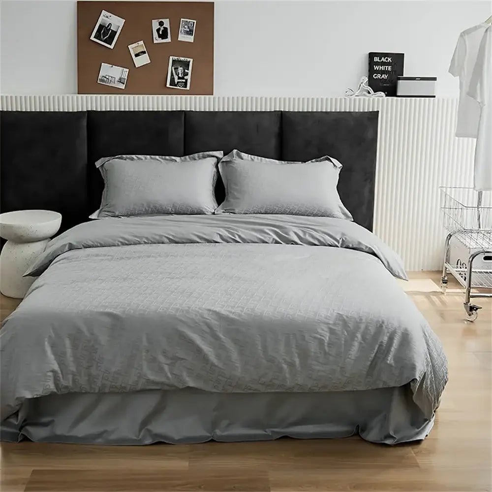 Black Satin Jacquard Duvet Cover Set with Bed Skirt