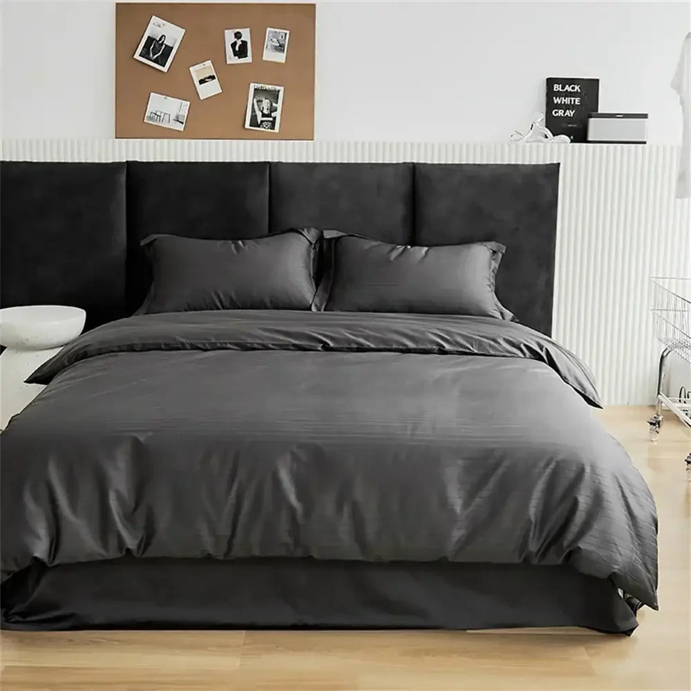 Black Satin Jacquard Duvet Cover Set with Bed Skirt
