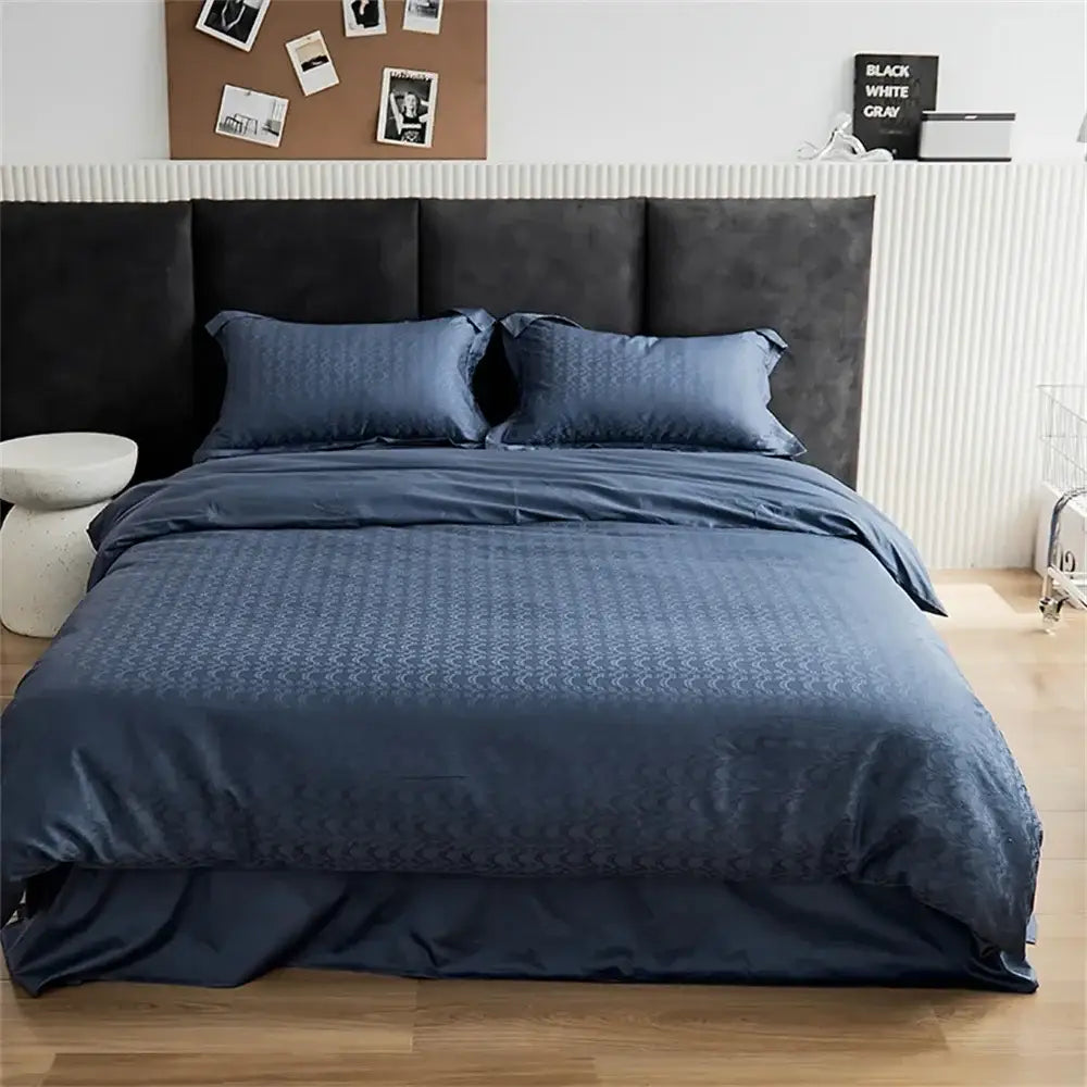Black Satin Jacquard Duvet Cover Set with Bed Skirt