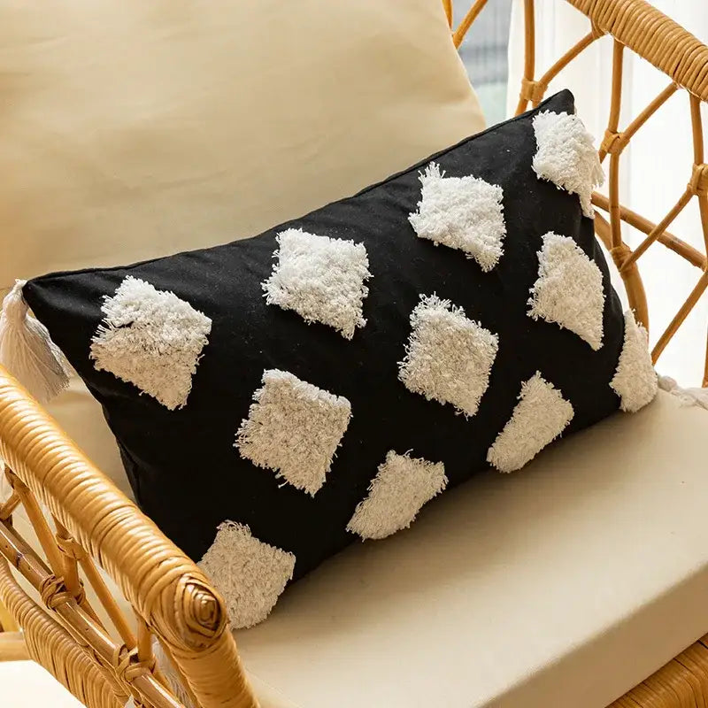 Black White Embroidered Geometric Cotton Cushion