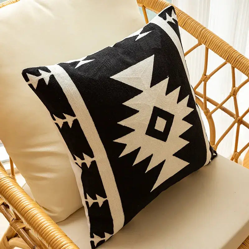 Black White Embroidered Geometric Cotton Cushion