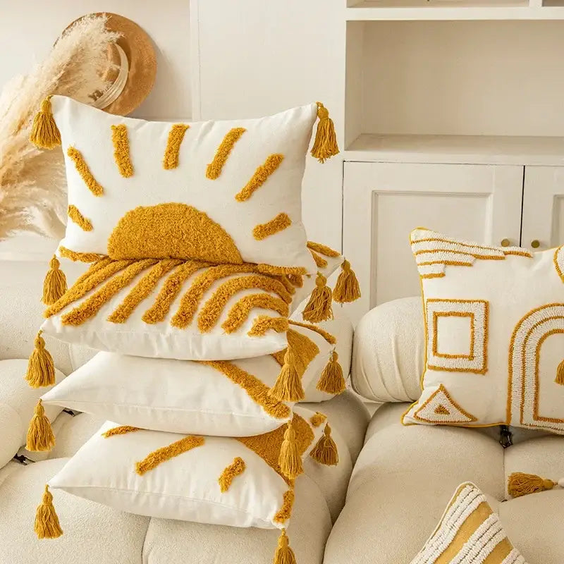 Mustard Geometric Tassel Cushion