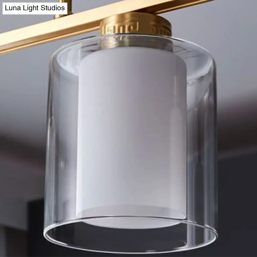 Brass Glass Cylindrical Three-Light Island Pendant