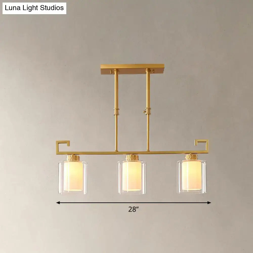 Brass Glass Cylindrical Three-Light Island Pendant