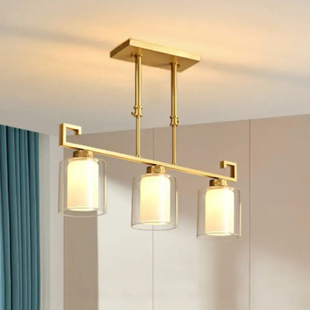 Brass Glass Cylindrical Three-Light Island Pendant