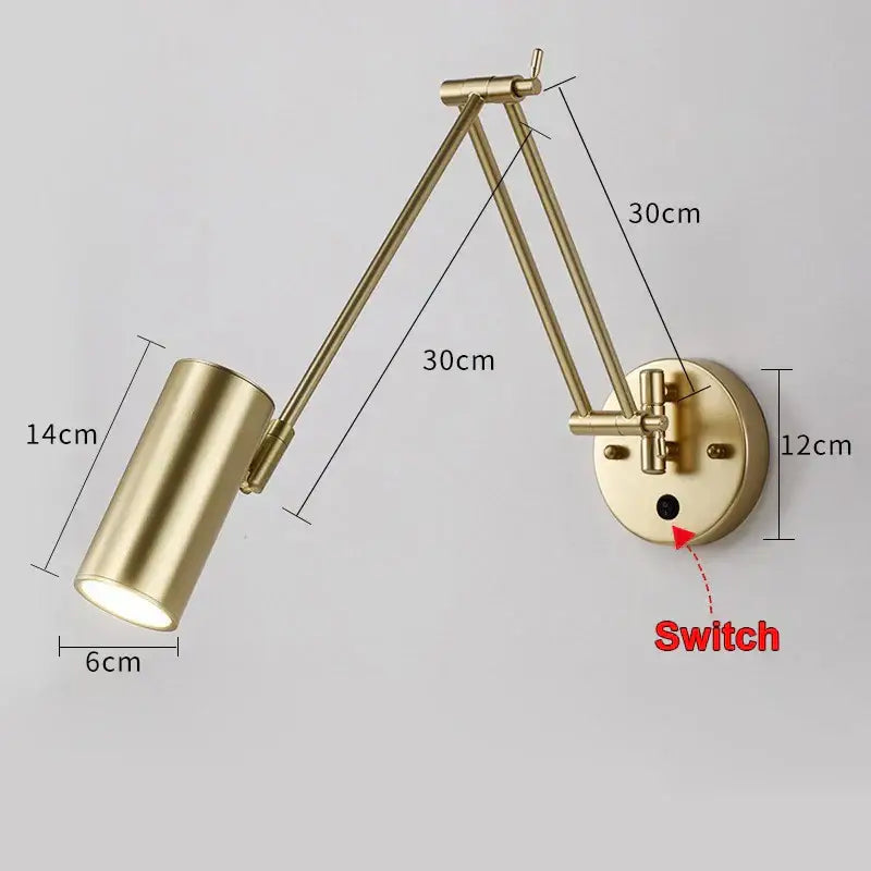 Gold LED Wall Lamp with Pull Switch for Reading