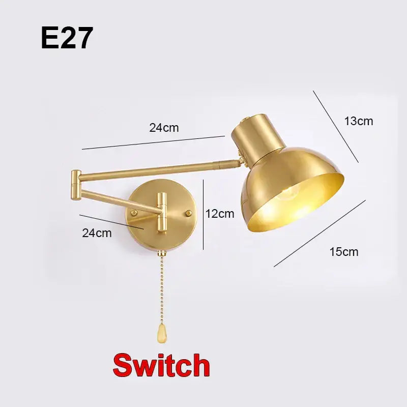 Gold LED Wall Lamp with Pull Switch for Reading