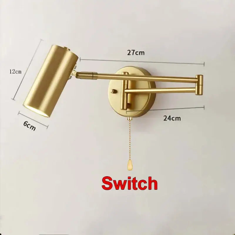 Gold LED Wall Lamp with Pull Switch for Reading