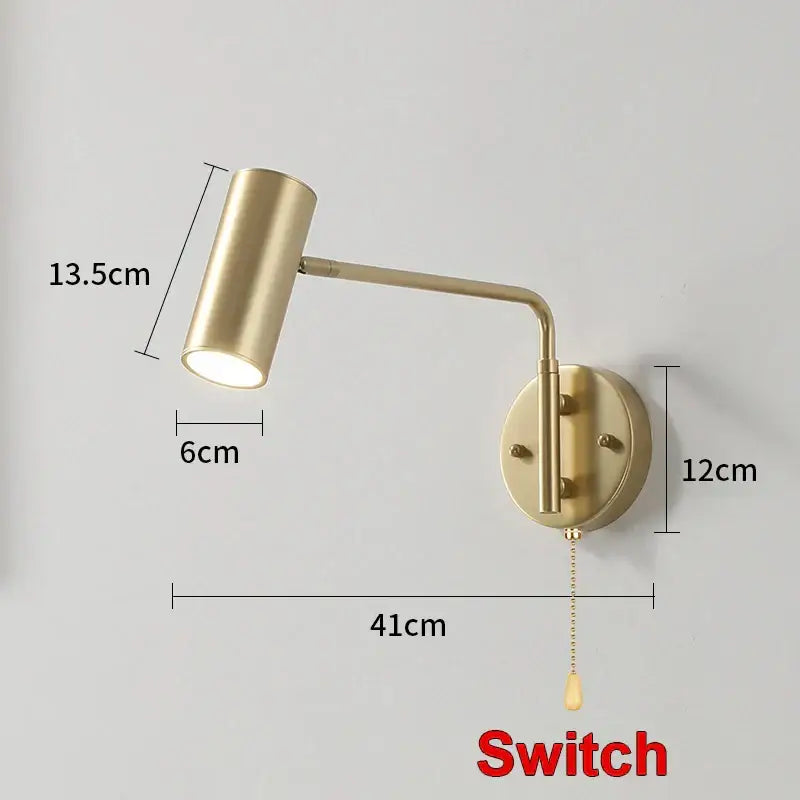 Gold LED Wall Lamp with Pull Switch for Reading