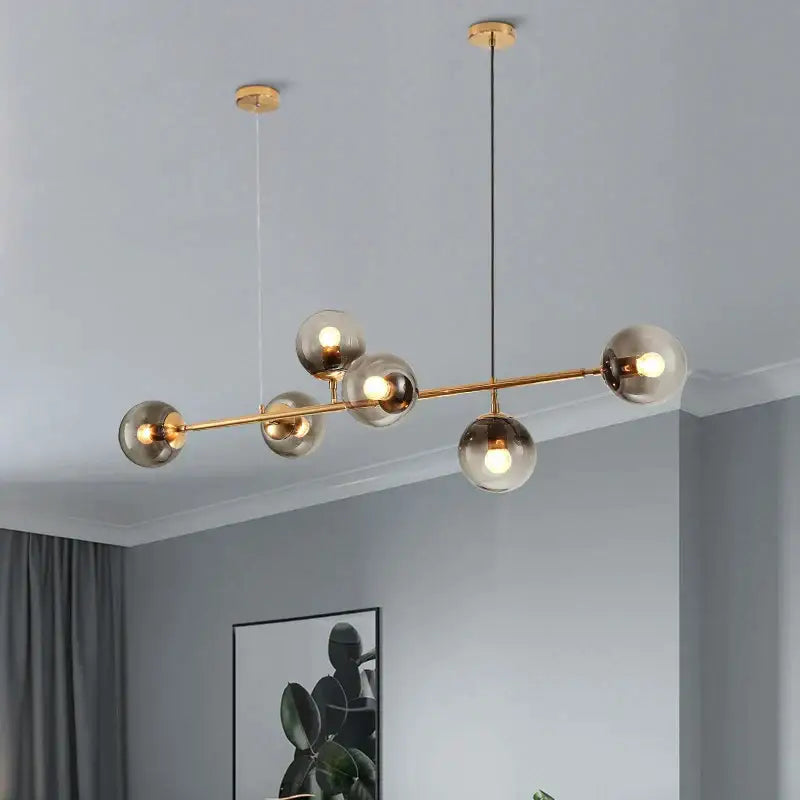 Brass Black Glass Chandelier with 8 Light Spheres