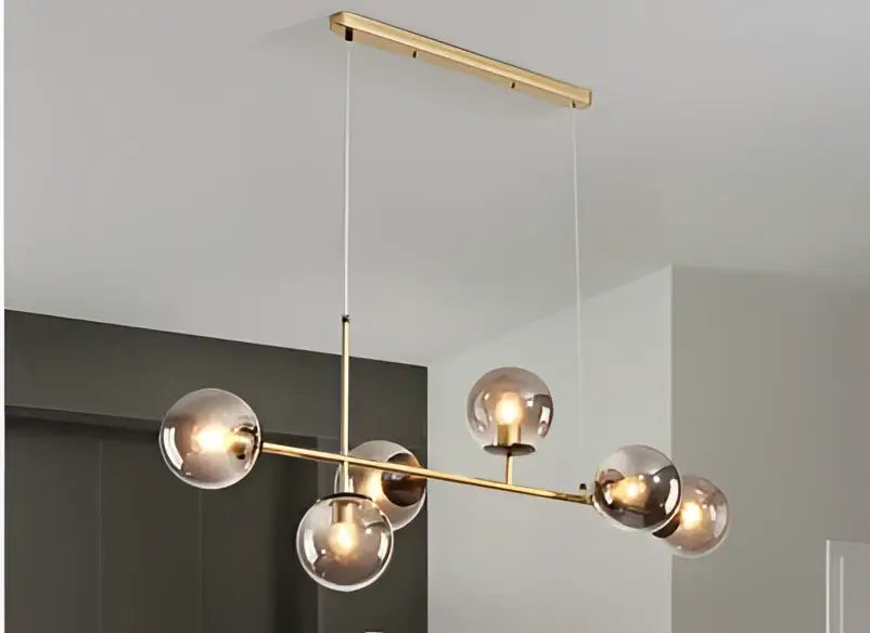 Brass Black Glass Chandelier with 8 Light Spheres