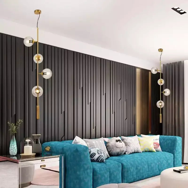 Brass Black Glass Chandelier with 8 Light Spheres