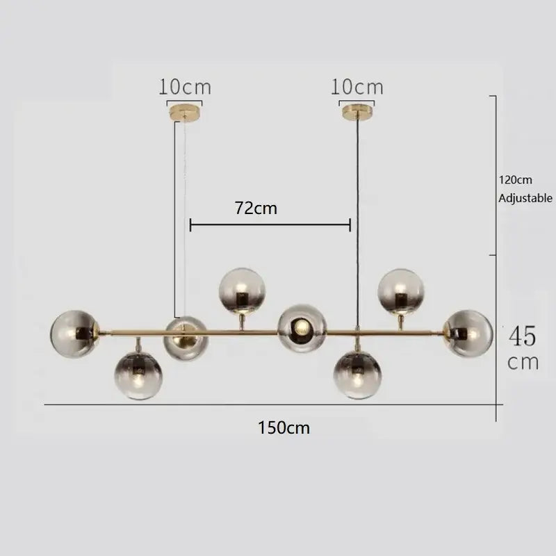 Brass Black Glass Chandelier with 8 Light Spheres
