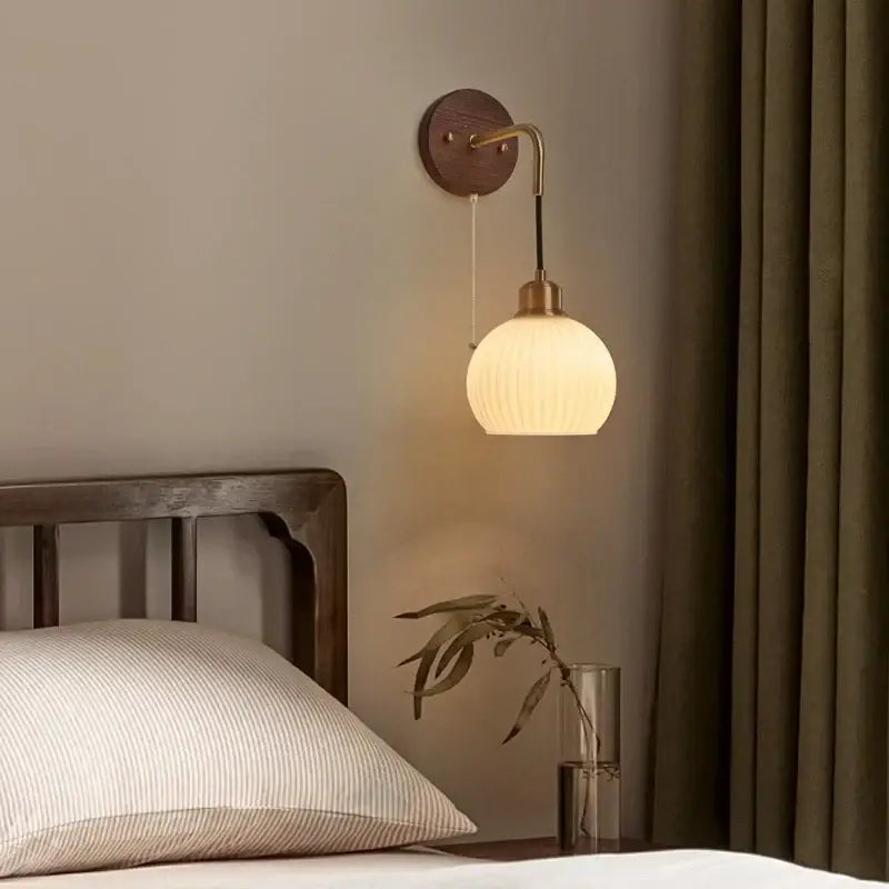 Brass Ribbed Glass Wood-Frame Sconce