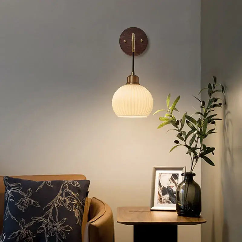 Brass Ribbed Glass Wood-Frame Sconce