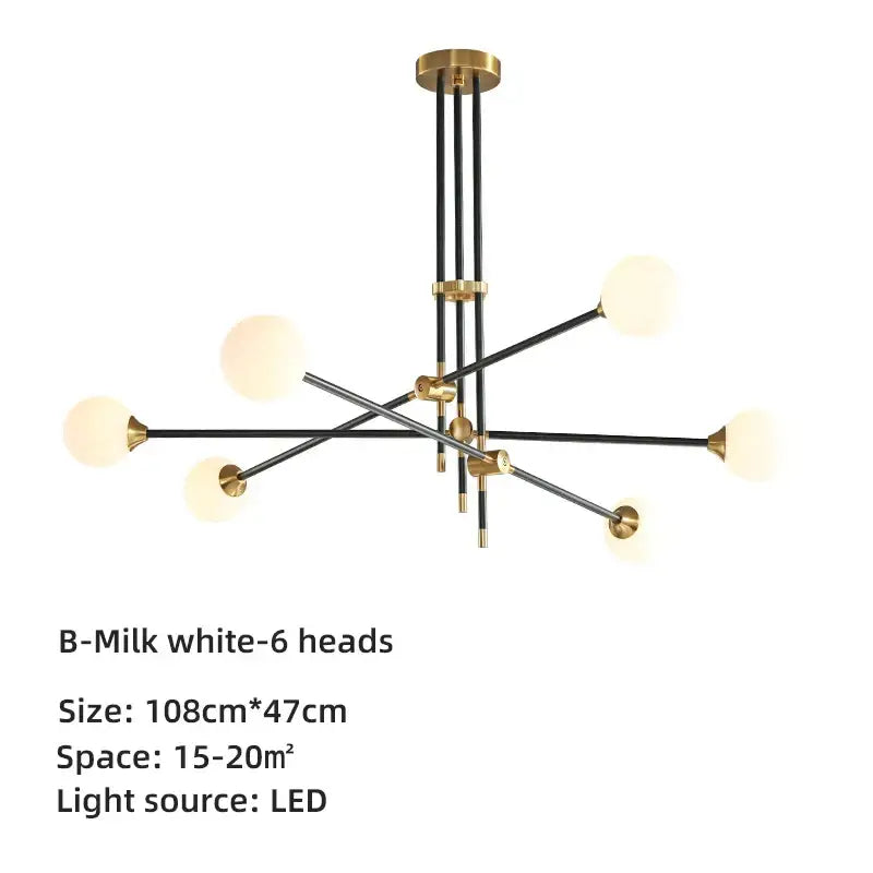 Brass Glass Ball 6-Head Geometric Chandelier