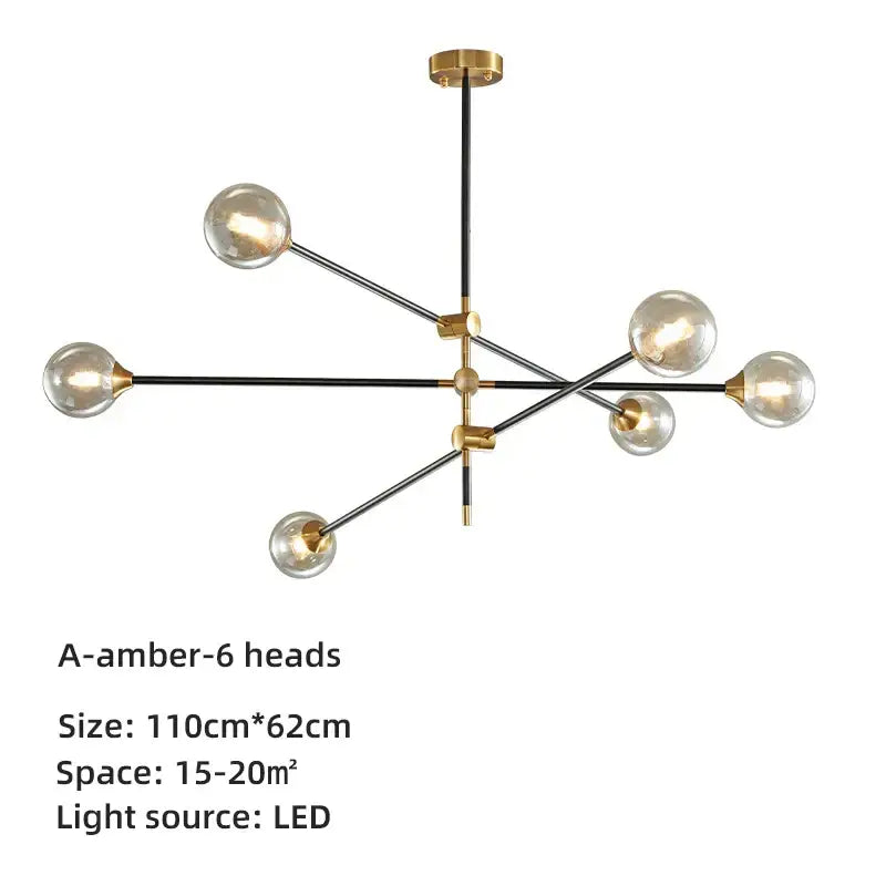 Brass Glass Ball 6-Head Geometric Chandelier